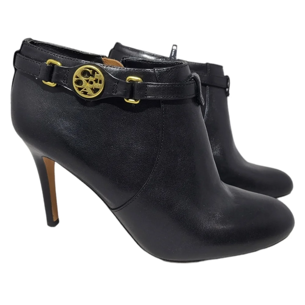 Black Ankle Booties Coach Salene Soft Leather with Stilleto Heels - Picture 1 of 11